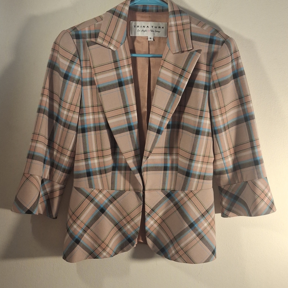 Trina Turk Women's Tan & Blue Plaid 3/4 Length Sleeve Blazer Size 6